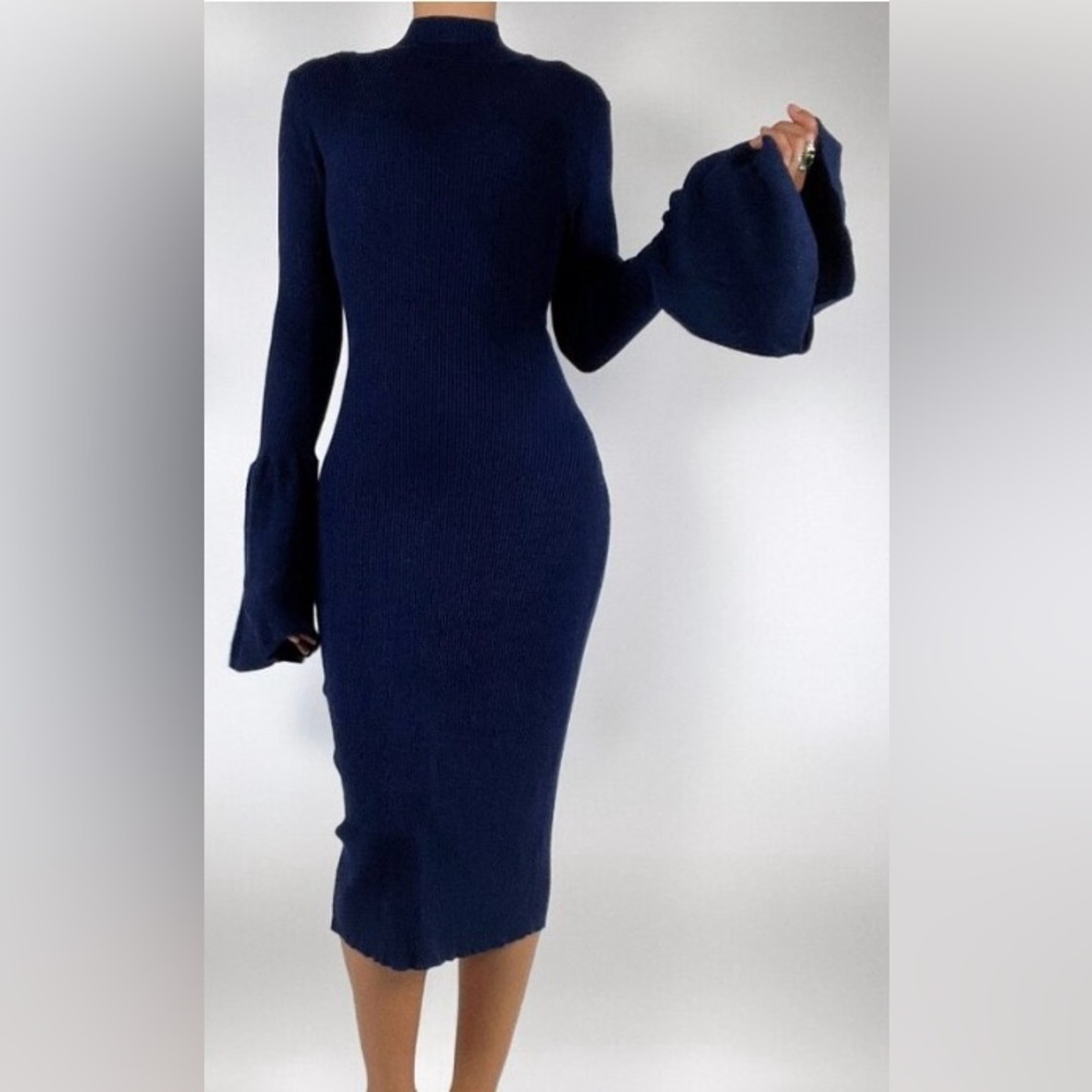 NEW - Navy Mock neck sweater dress with bell sleeves